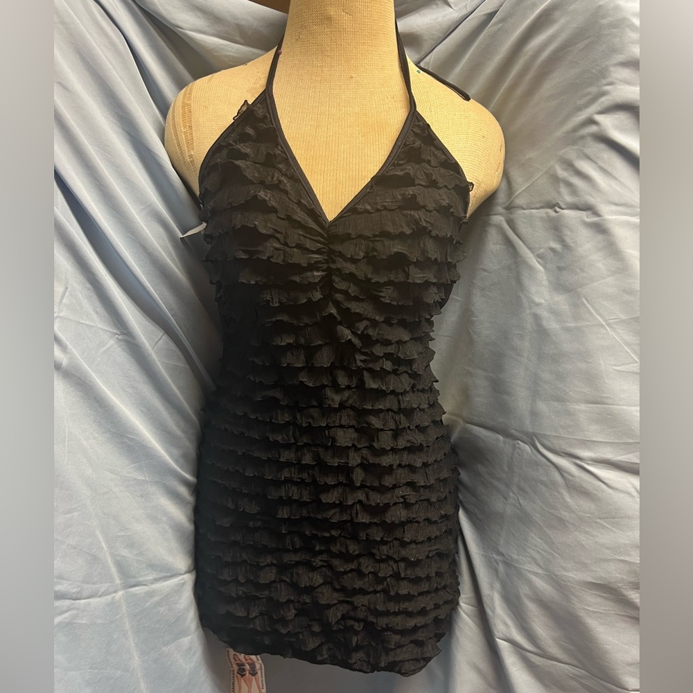 Black Ruffled Sleeveless Halter Dress with Tie In Back